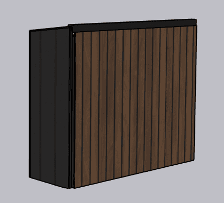 The pod closed, showing the vertical wood slat front